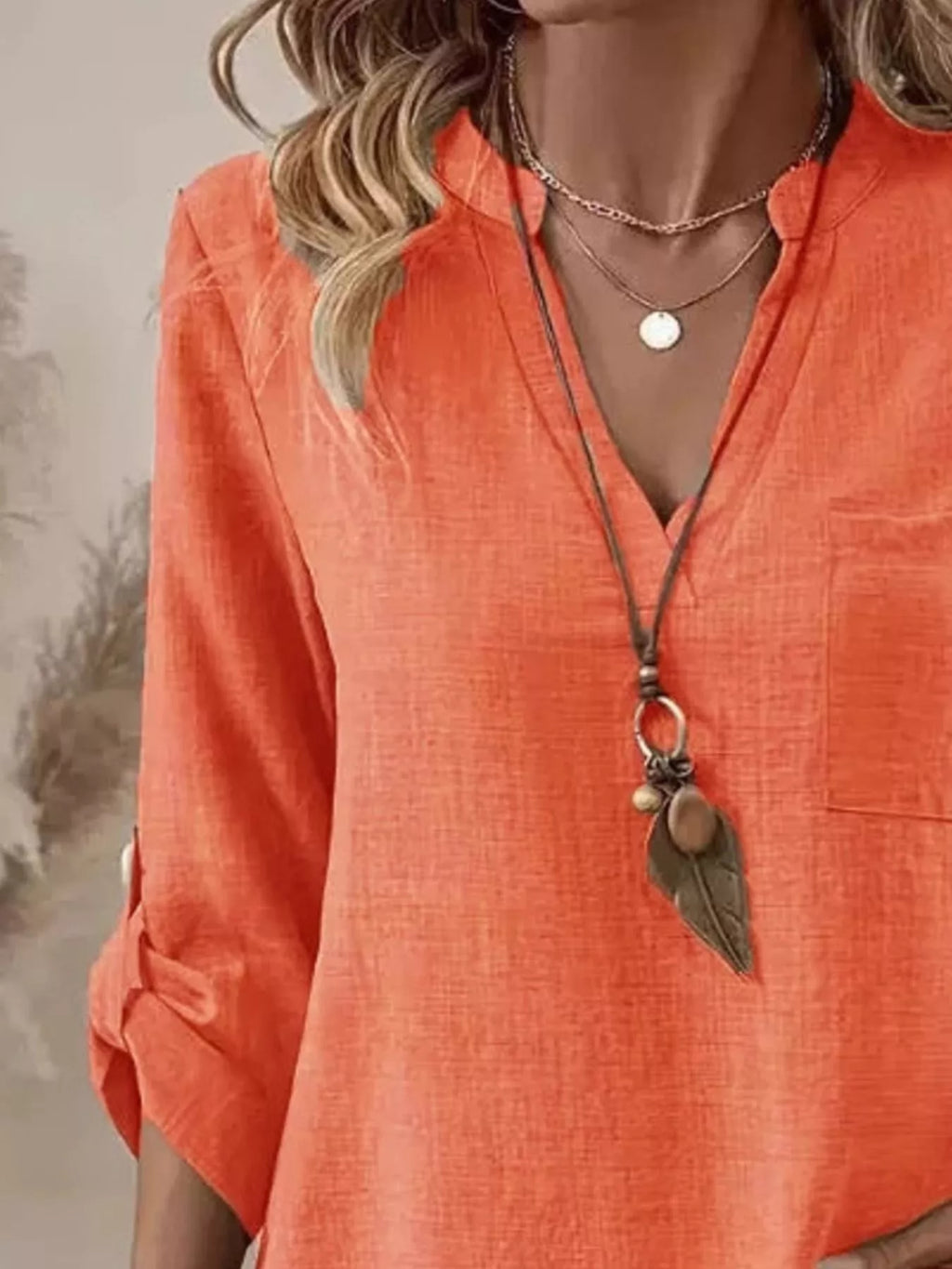 Casual V-Neck Roll-Sleeve T-Shirt with Pocket
