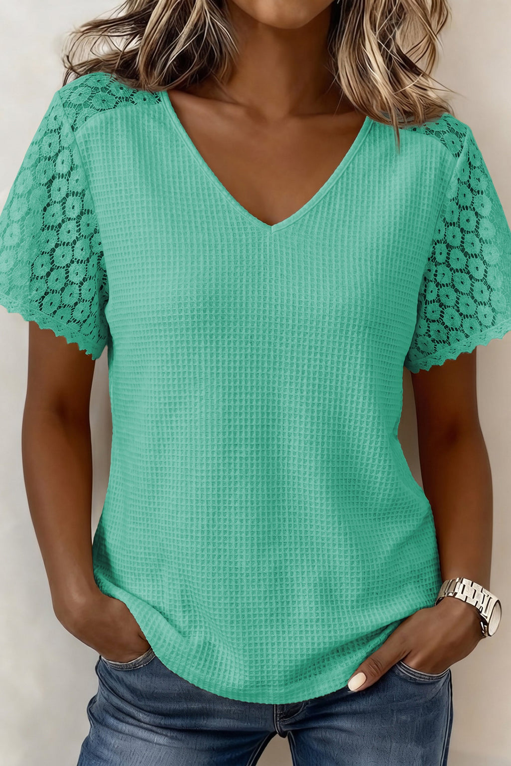 Pink Lace Splicing Button Cutout V Neck Waffle Knit Blouse