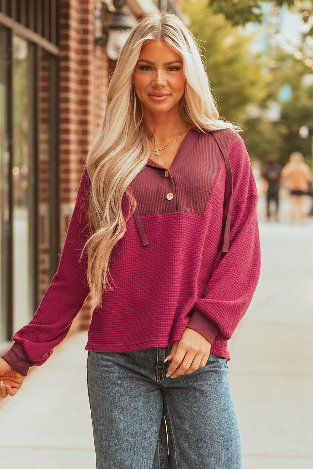 Racing Red Waffle Patchwork Drop Shoulder Hooded Long Sleeve Top