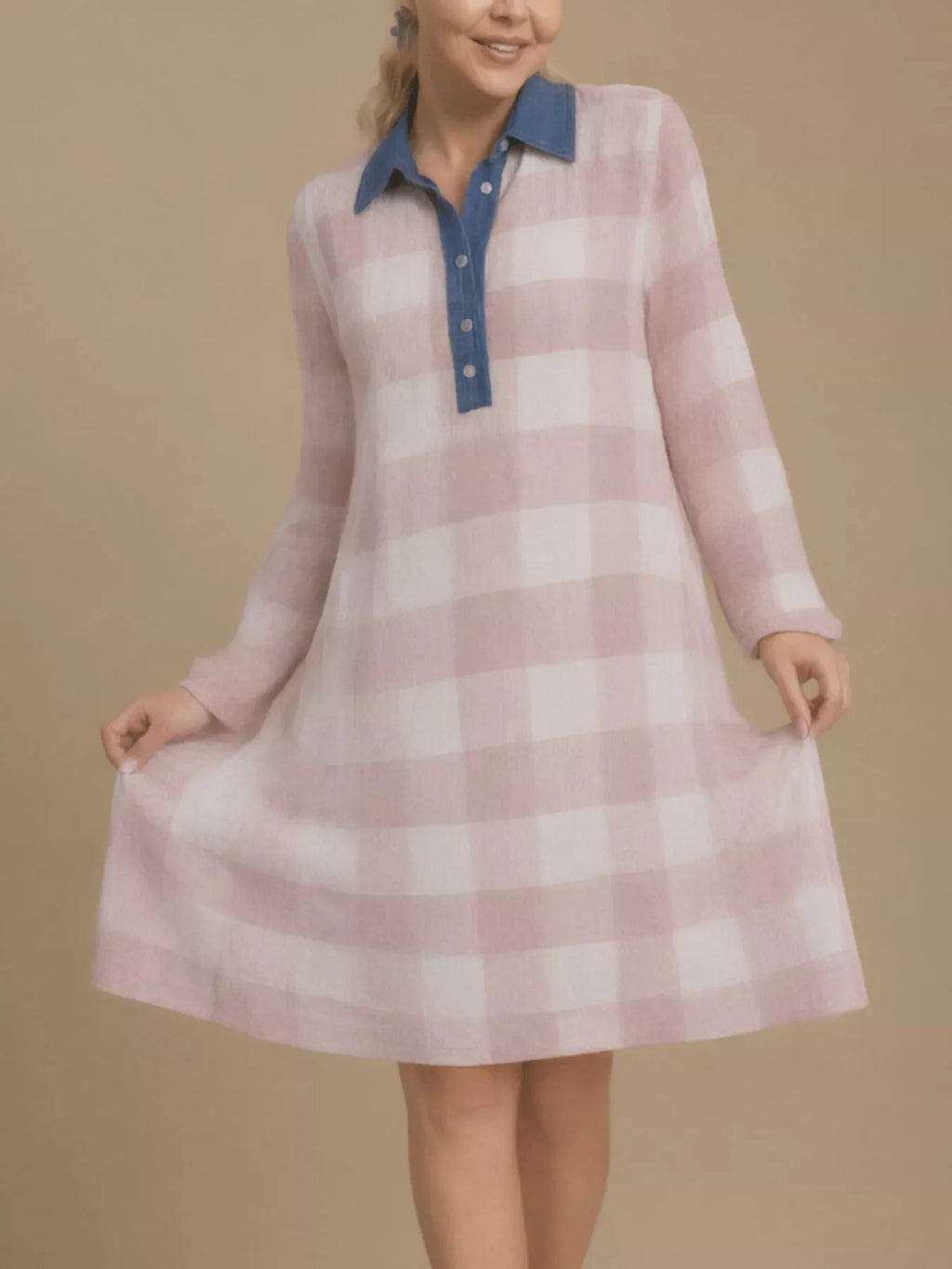 Plus Size Denim Collar Plaid Shirt Dress