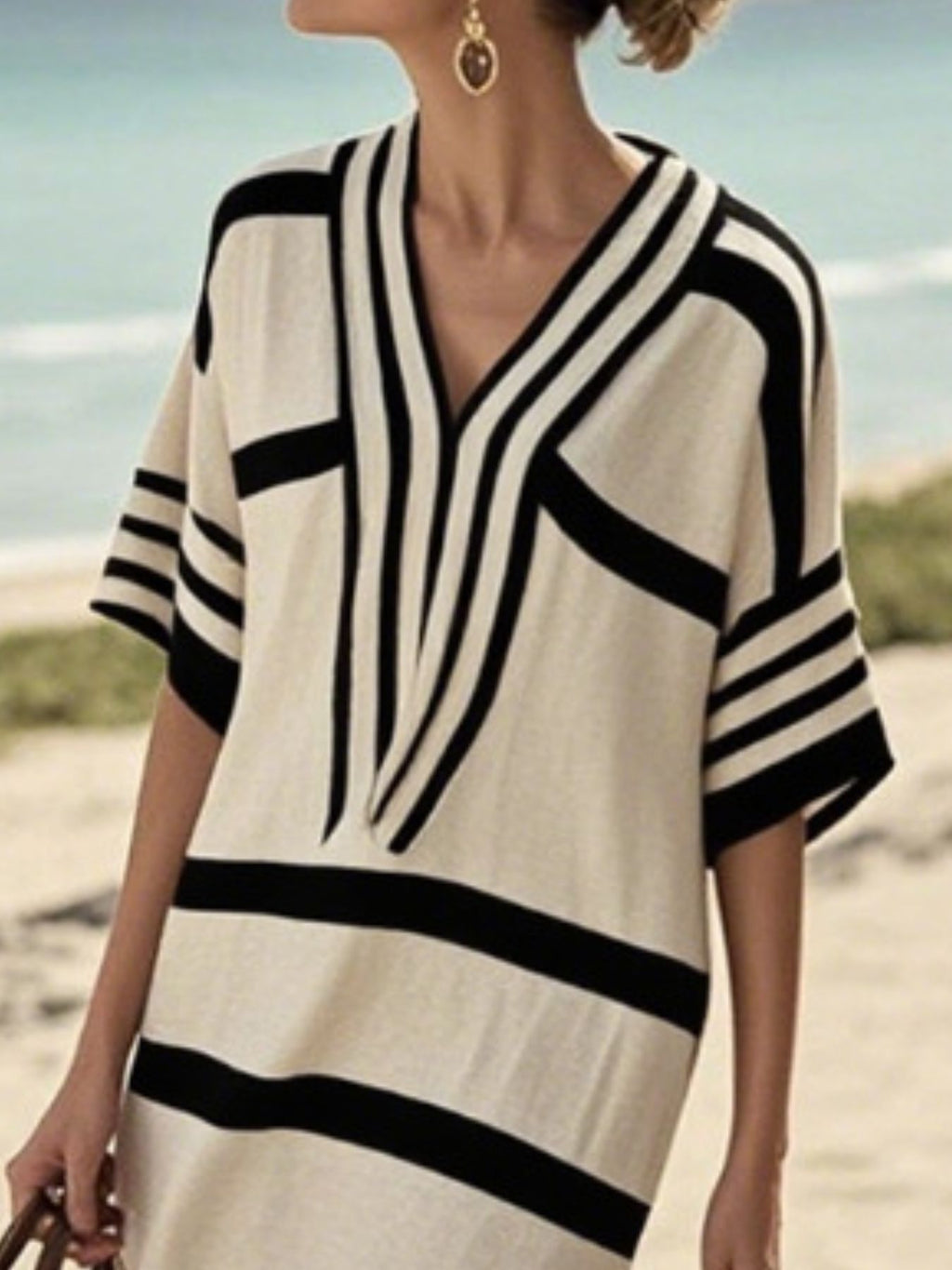 Striped Half Sleeve Midi Dress