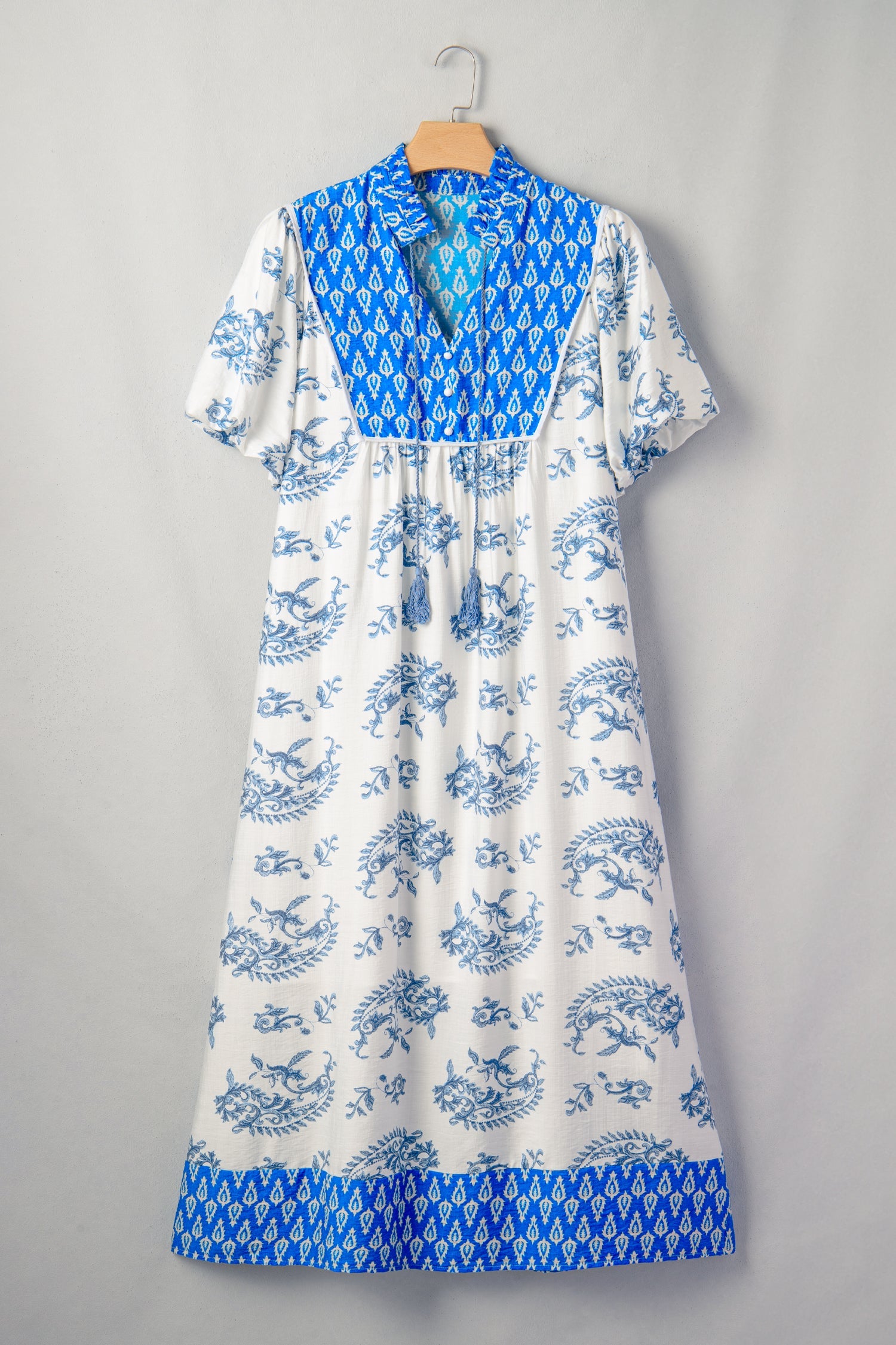 Sky Blue Plus Size Floral Print Contrast Boho Patchwork V Neck Loose Midi Dress