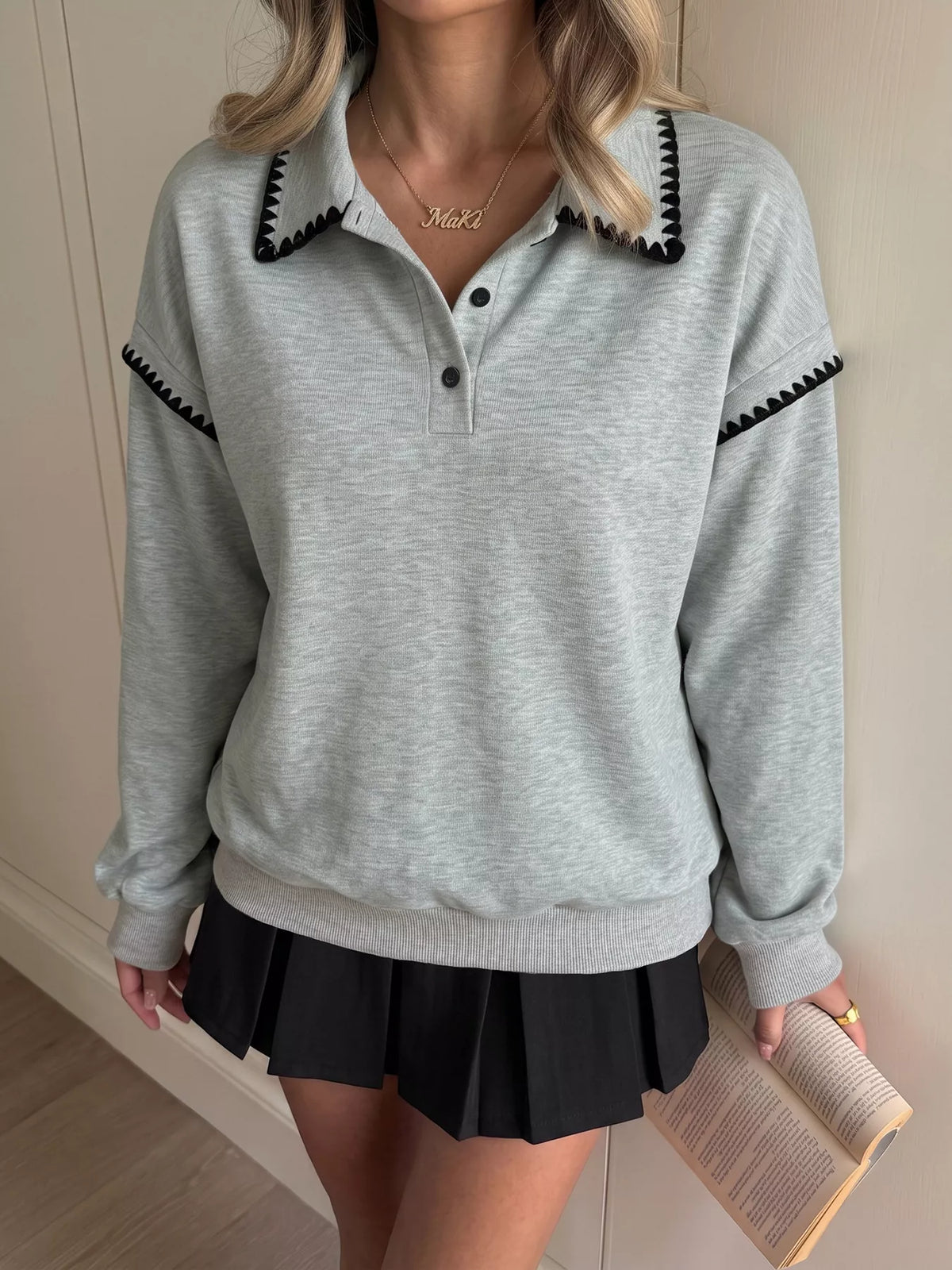 Polo Collar Dropped Shoulder Sweatshirt