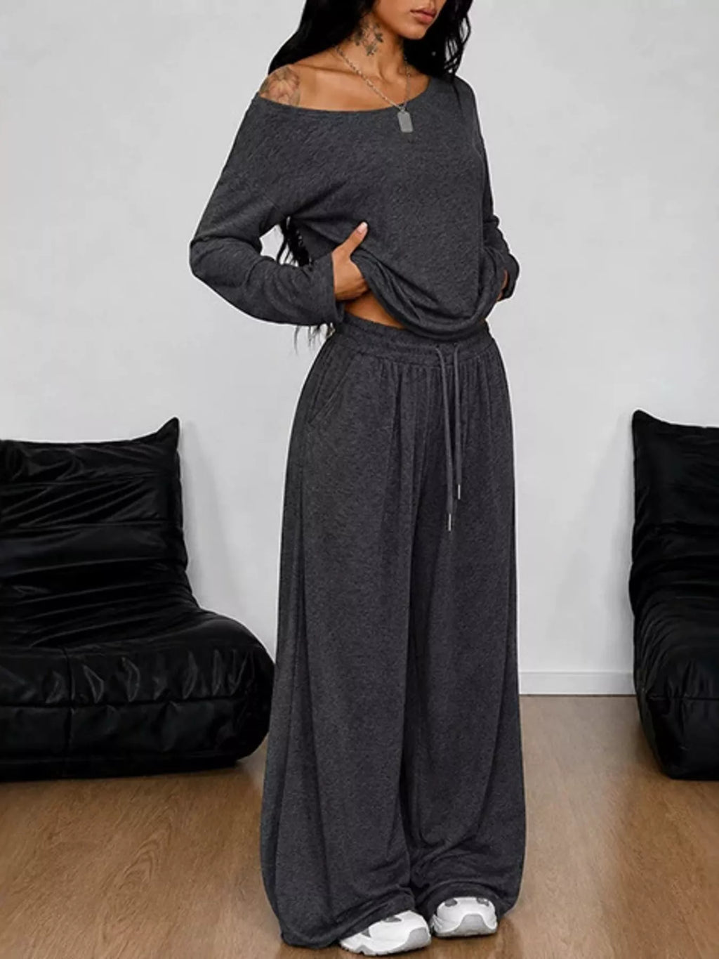Full Size One-Shoulder Top and Drawstring Pants Set Plus Size