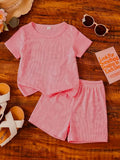 Children's Casual Ribbed Knit Tee and Shorts Two-Piece Set