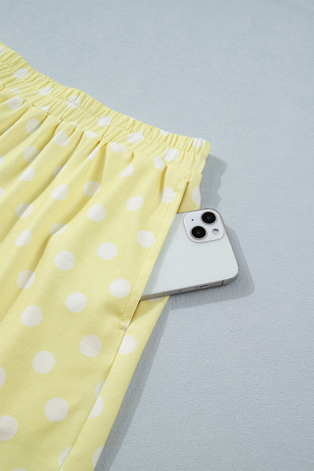 Yellow Polka Dot Print Color Block Trim Mock Neck Short Set
