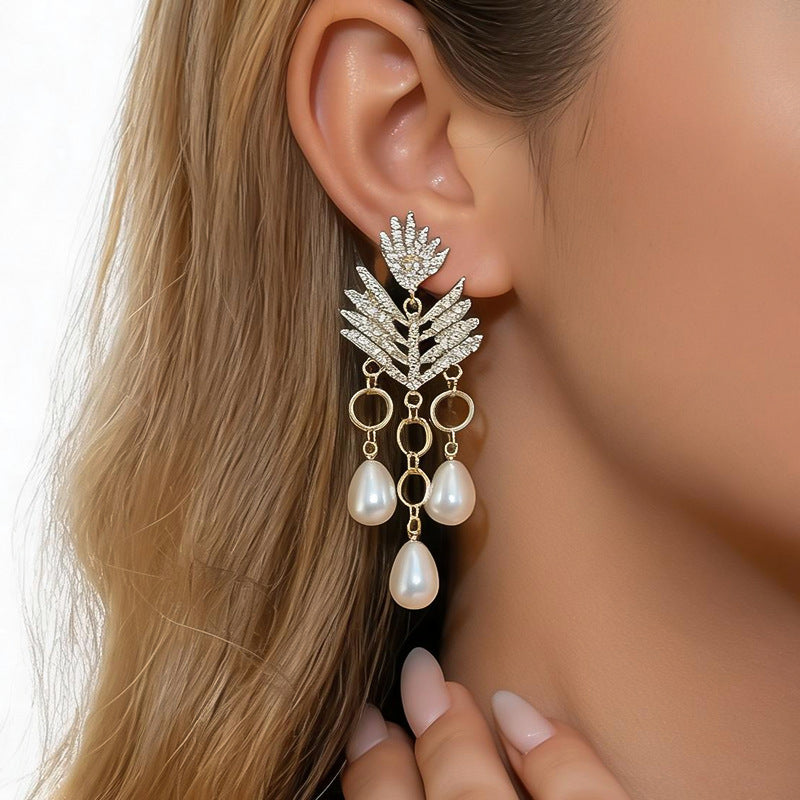 Womens Leaf Teardrop Rhinestone Inlaid Tassel Stud Earrings,Costume Earrings For Daily Party Wear