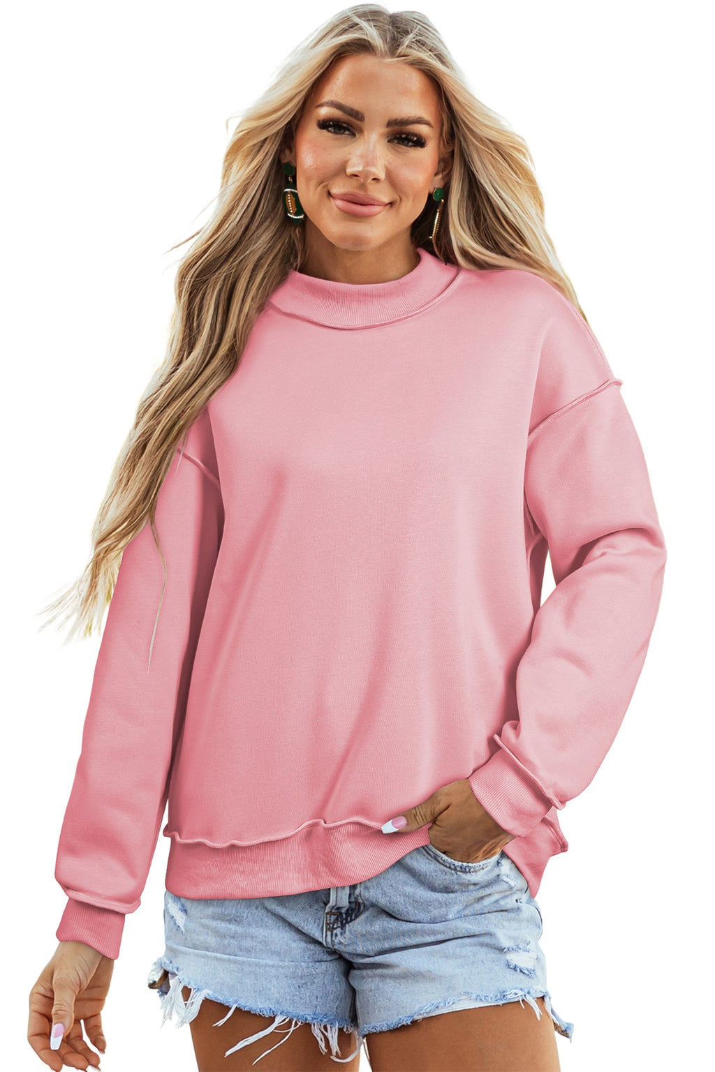 Light Pink Oversize Drop Shoulder Reversible Mock Neck Sweatshirt