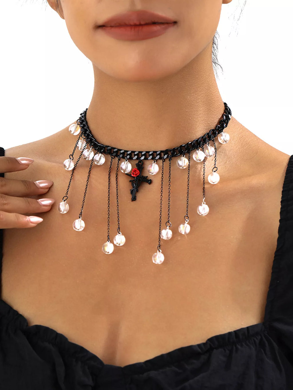 Gothic Rose Cross Dangle Necklace