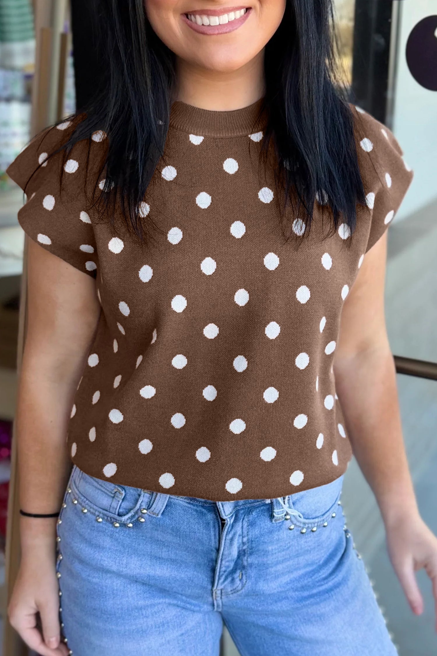 Brown Dolman Short Sleeve Round Neck Polka Dot Sweater