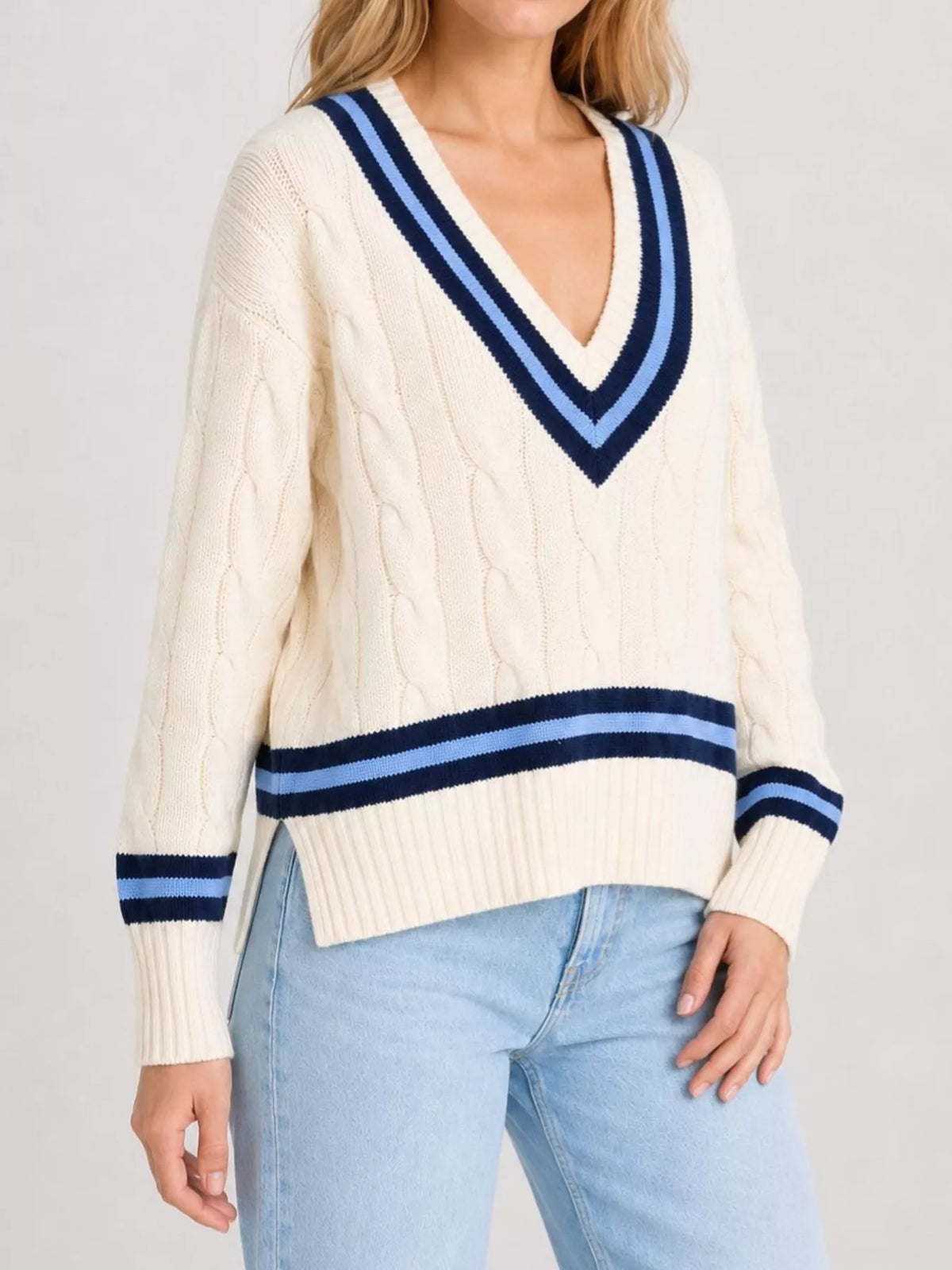 V-Neck Cable Knit Sweater with Contrast Striped Trim