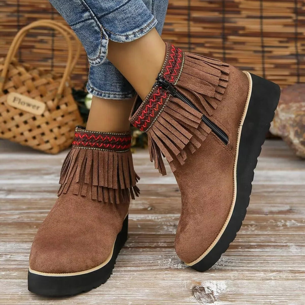 Fringe Round Toe Ankle Boots