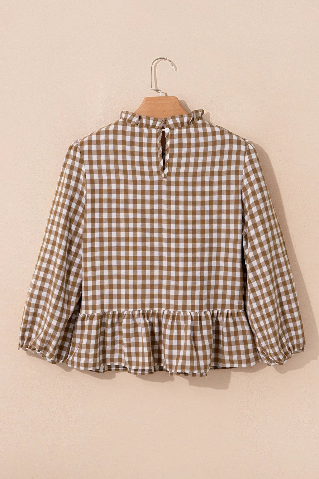 Gingham Smocked 3/4 Sleeve Ruffle Peplum Top