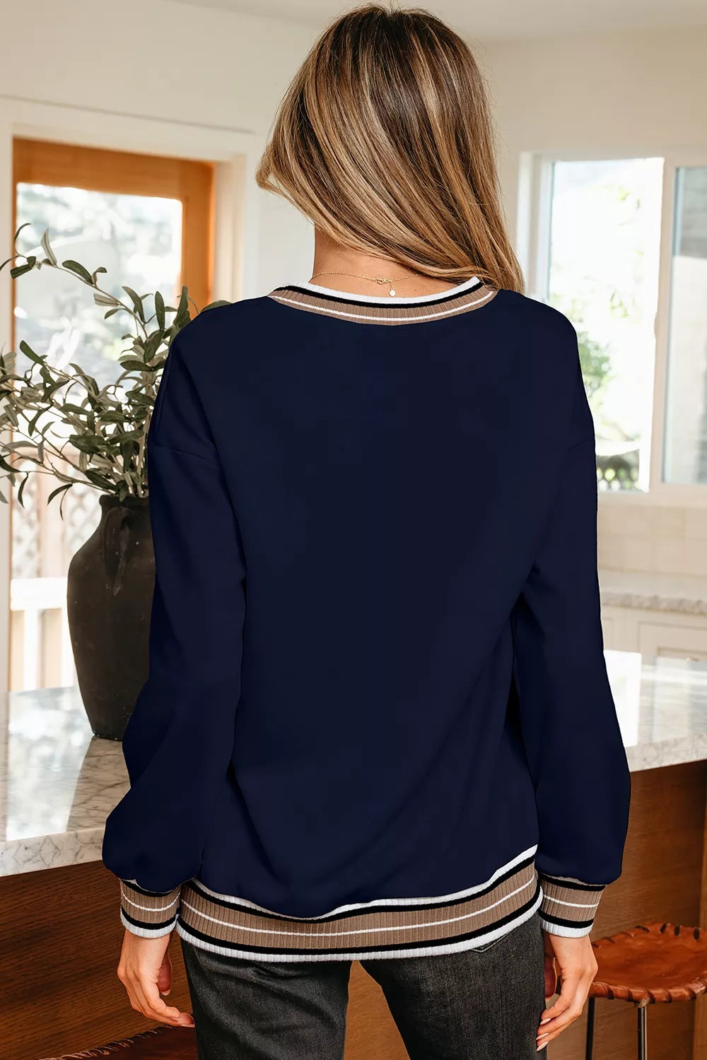 Contrast Striped Trim V Neck Sweatshirt