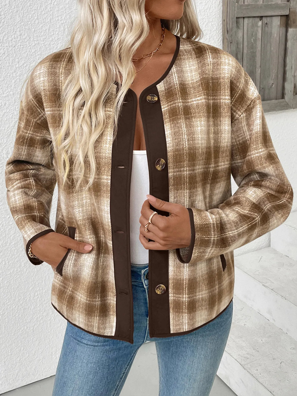 Unlined Plaid Button-Up Jacket with Chest Pockets