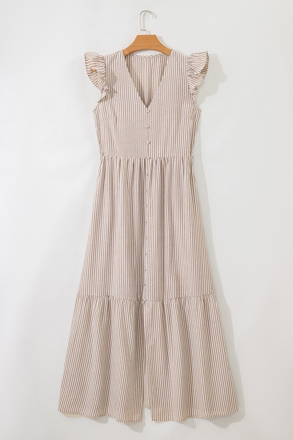 Stripe Flutter Sleeve Buttoned V-Neck Maxi Dress