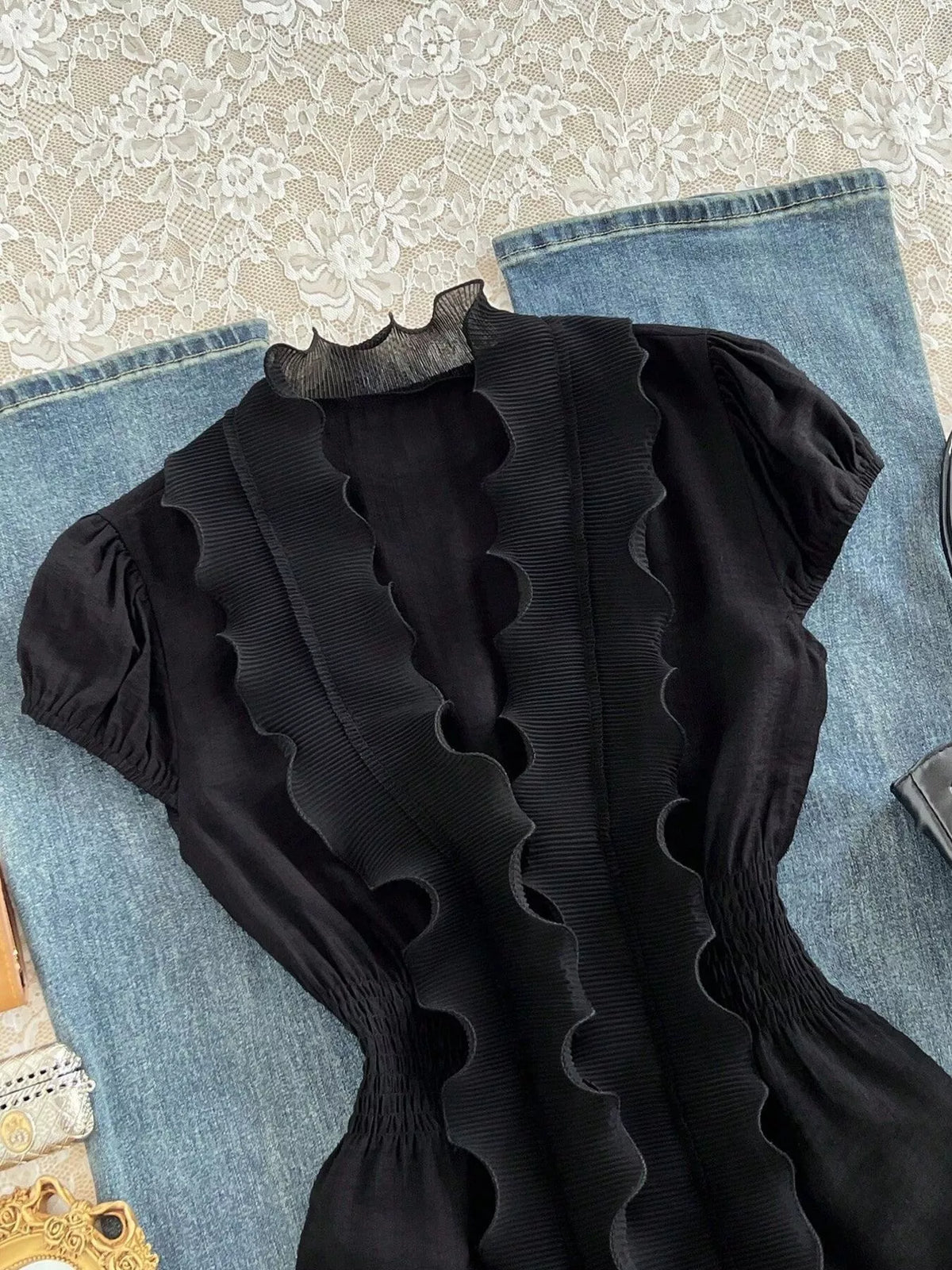 Ruffled V-Neck Blouse with Smocked Waist