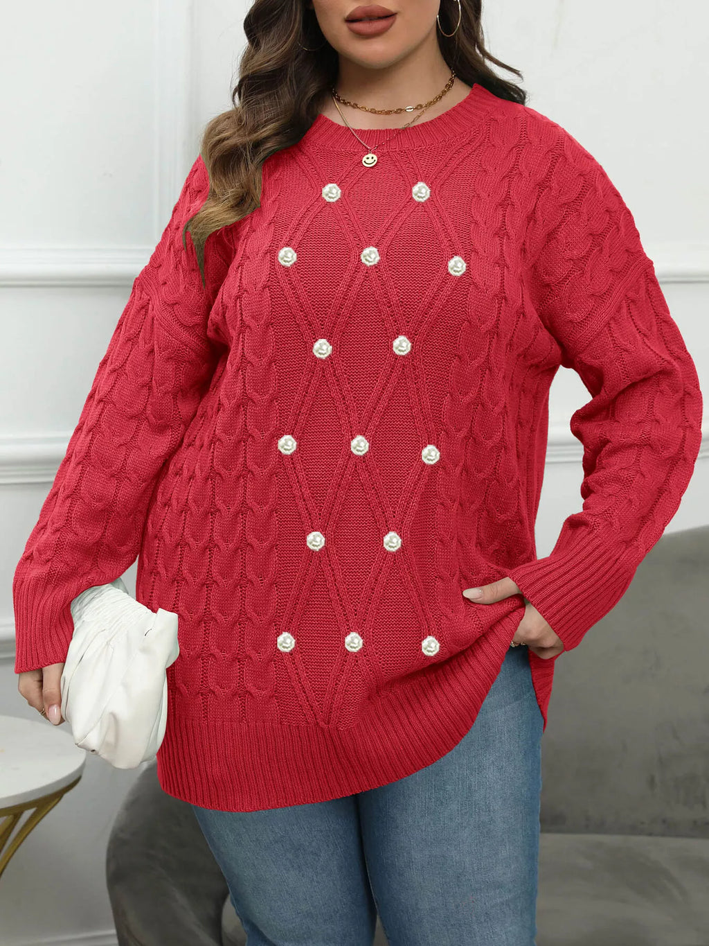 Plus Size Cable Knit Dropped Shoulder Sweater