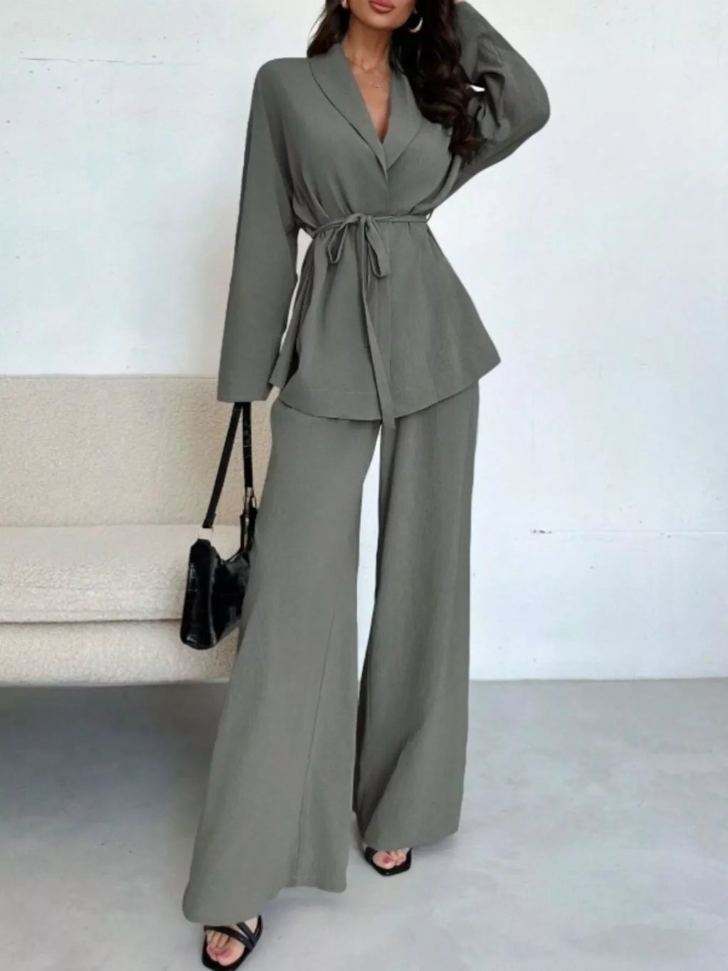 Textured Tie Waist Top and Wide-Leg Pants Set