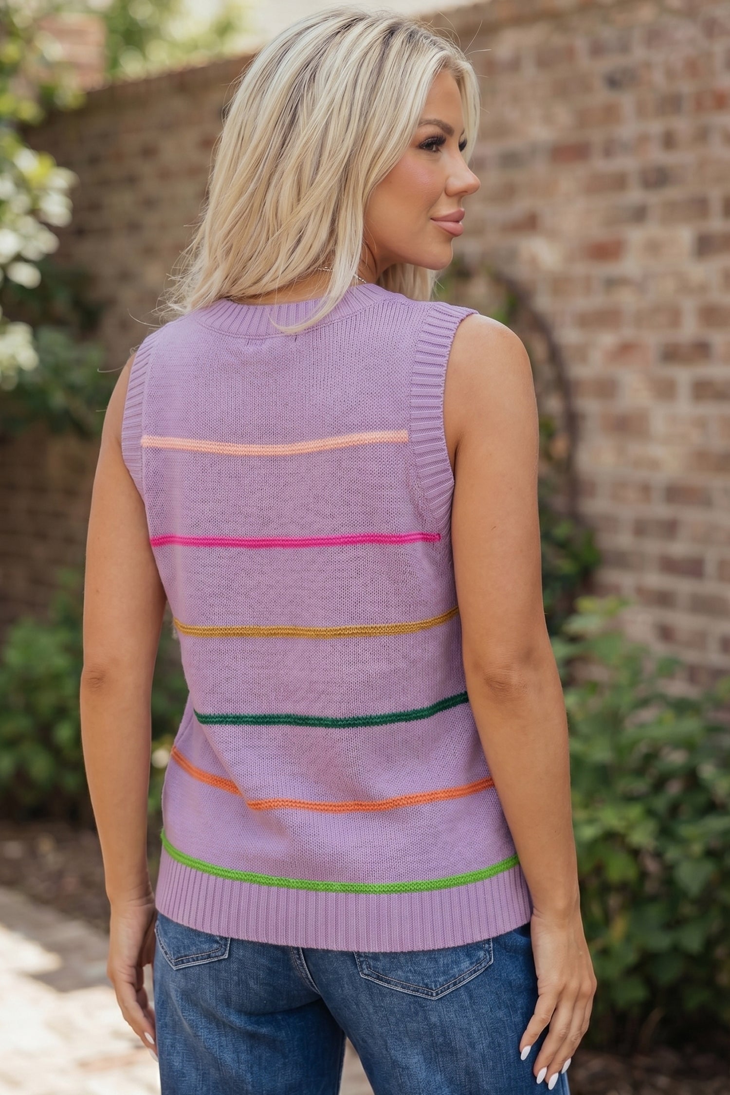 Purple Stripe Round Neck Knitted Sweater Tank