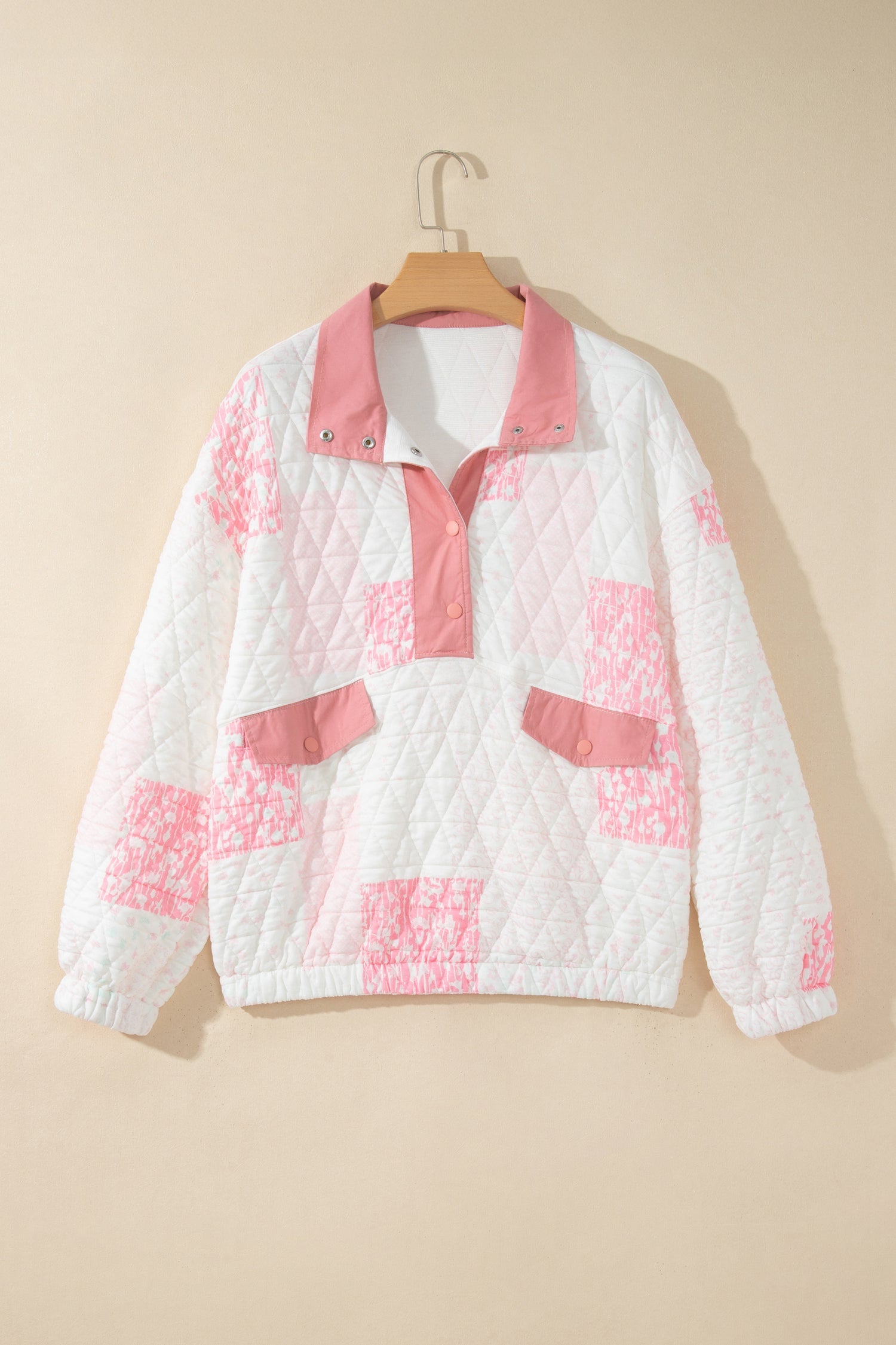 Multicolour Floral Quilted Half Button Pocketed Pullover Sweatshirt