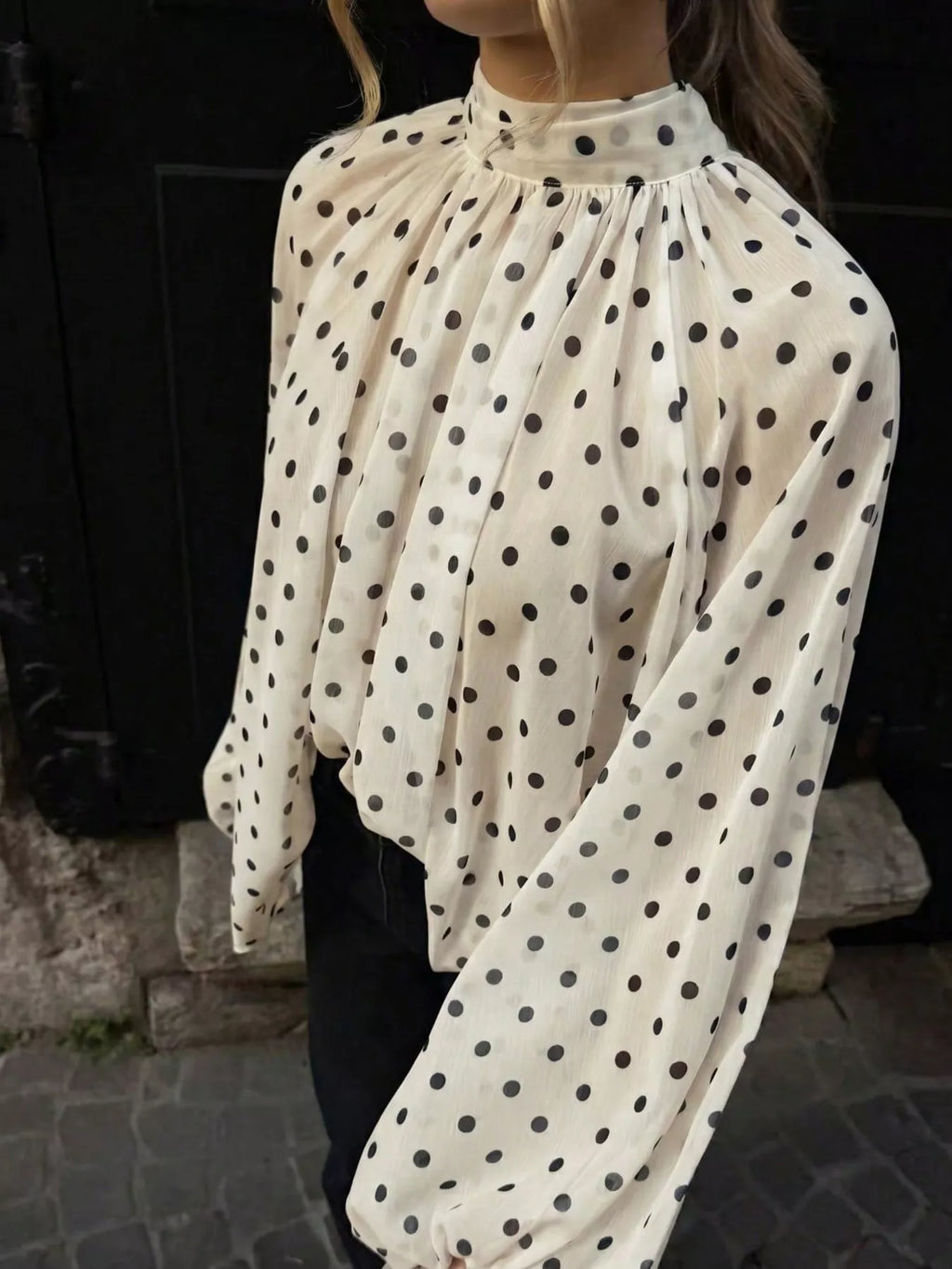 Polka Dot Balloon Sleeve Blouse