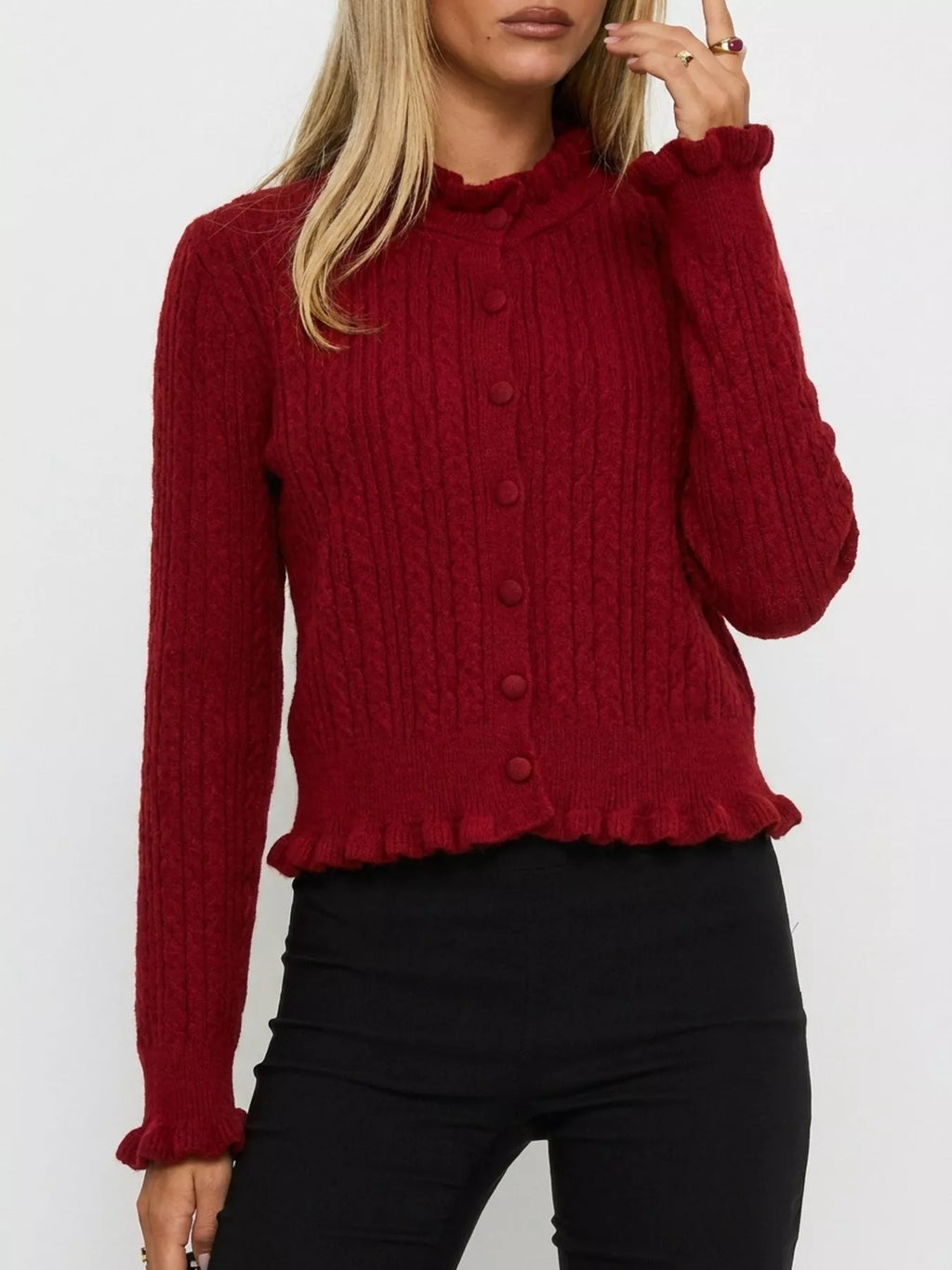 Cable-Knit Ruffle-Trim Cardigan
