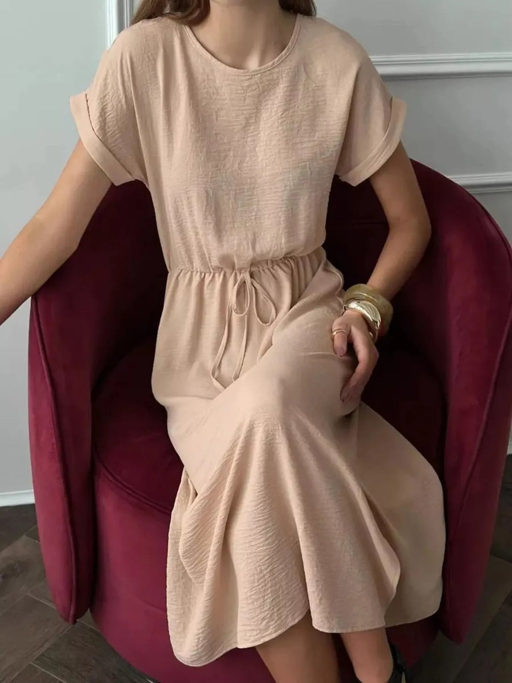 Casual Drawstring Waist Midi Dress