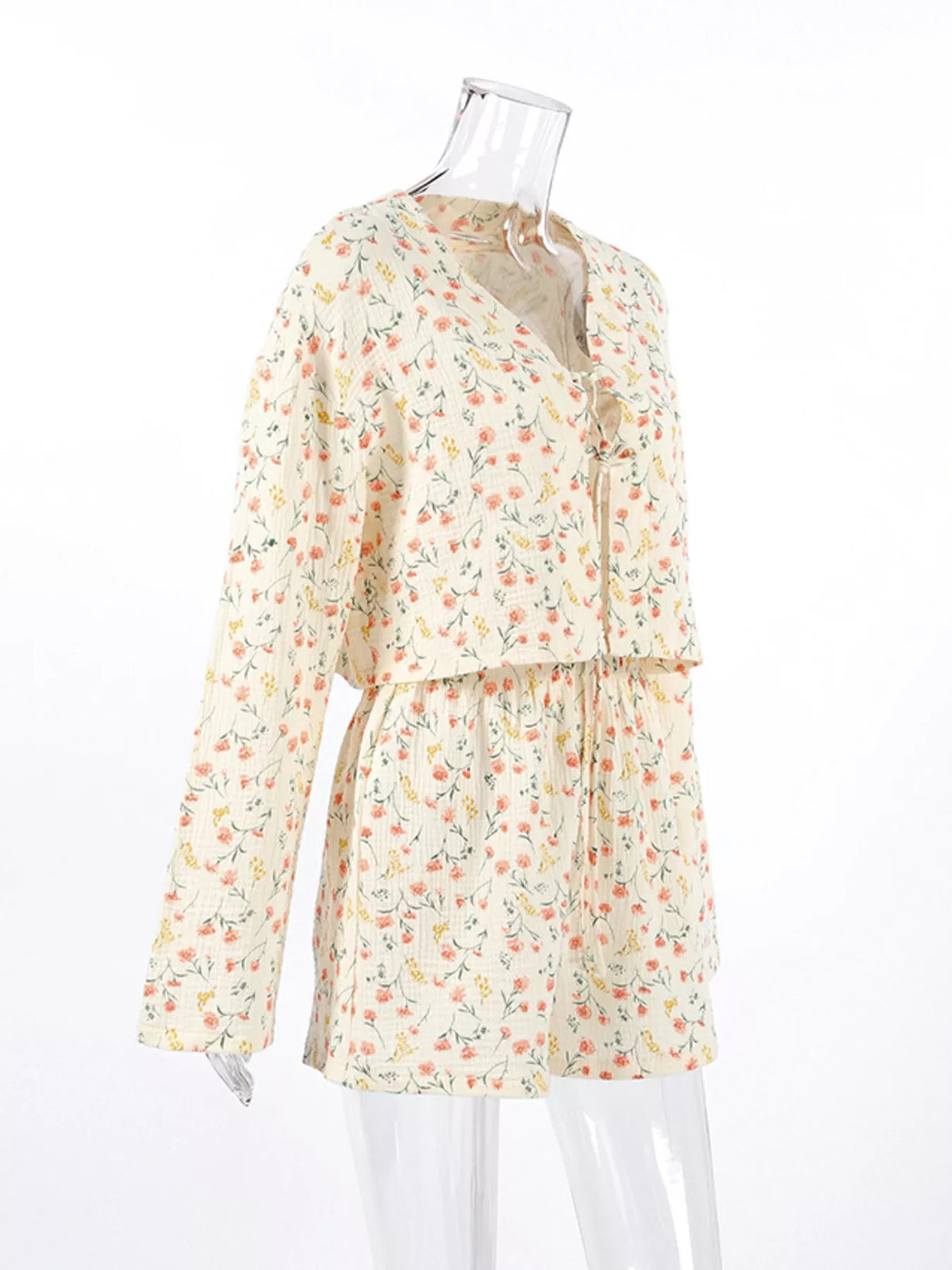 Floral Print Crinkle Texture Tie-Front Top and Shorts Set