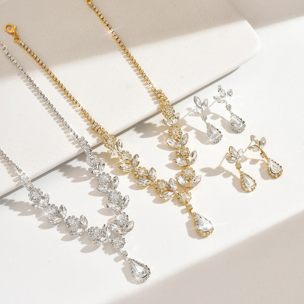 Womens Elegant Bridal 2 Pcs Rhinestone Set,Gold Tone Floral Leaf Teardrop Necklace And Dangle Earrings For Wedding Party Wear