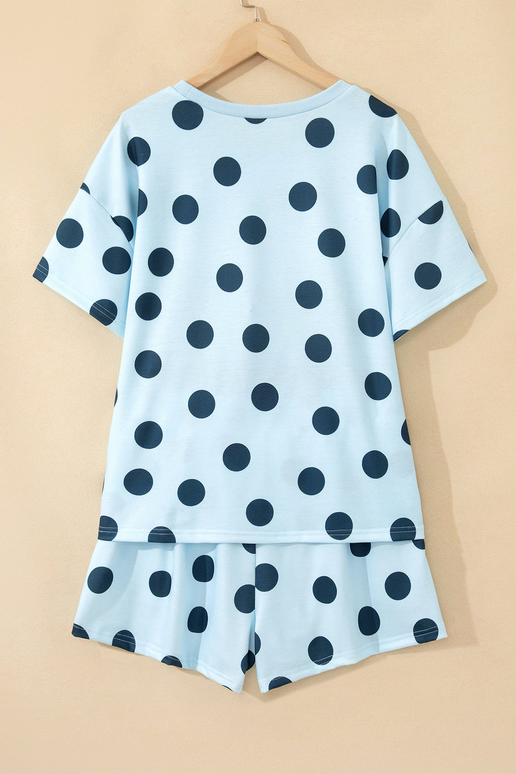 Sky Blue Polka Dot Print Loose Tee Drawstring Elastic Waist Short Set