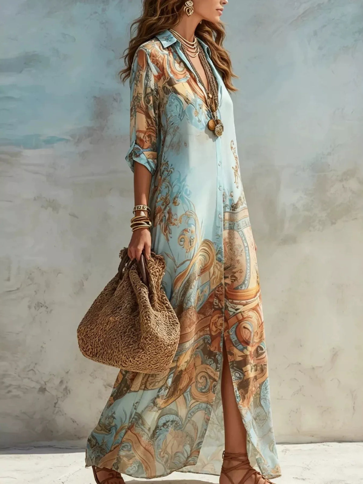 Full Size Printed Button-Down Maxi Shirt Dress Plus Size