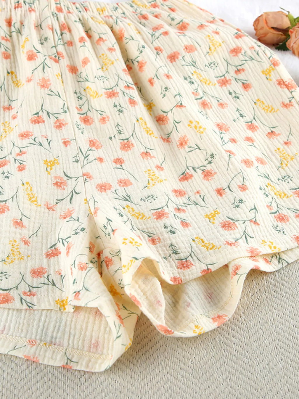 Floral Print Crinkle Texture Tie-Front Top and Shorts Set