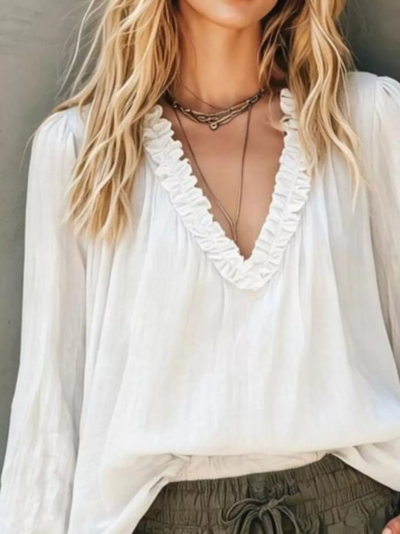 Frill V-Neck Long Sleeve Blouse