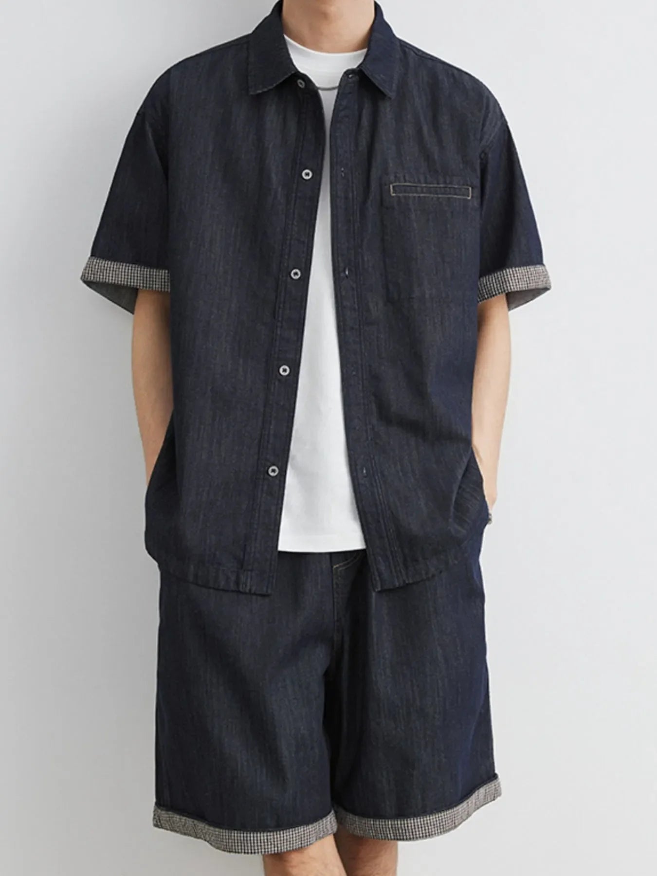Men's Wash Short Sleeve Top and Shorts Denim Set