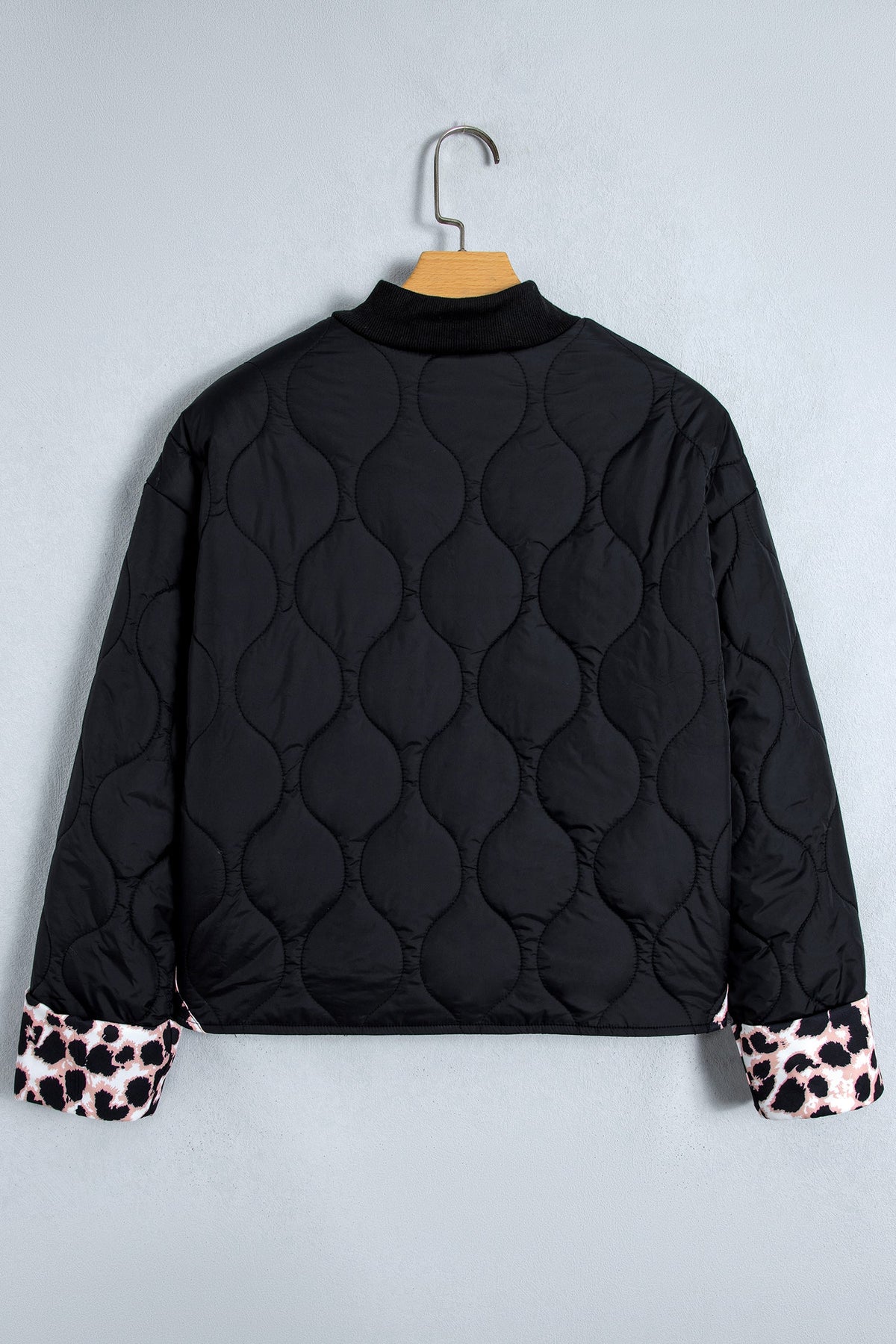 Leopard Cuff Quilted Button Down Puffer Jacket