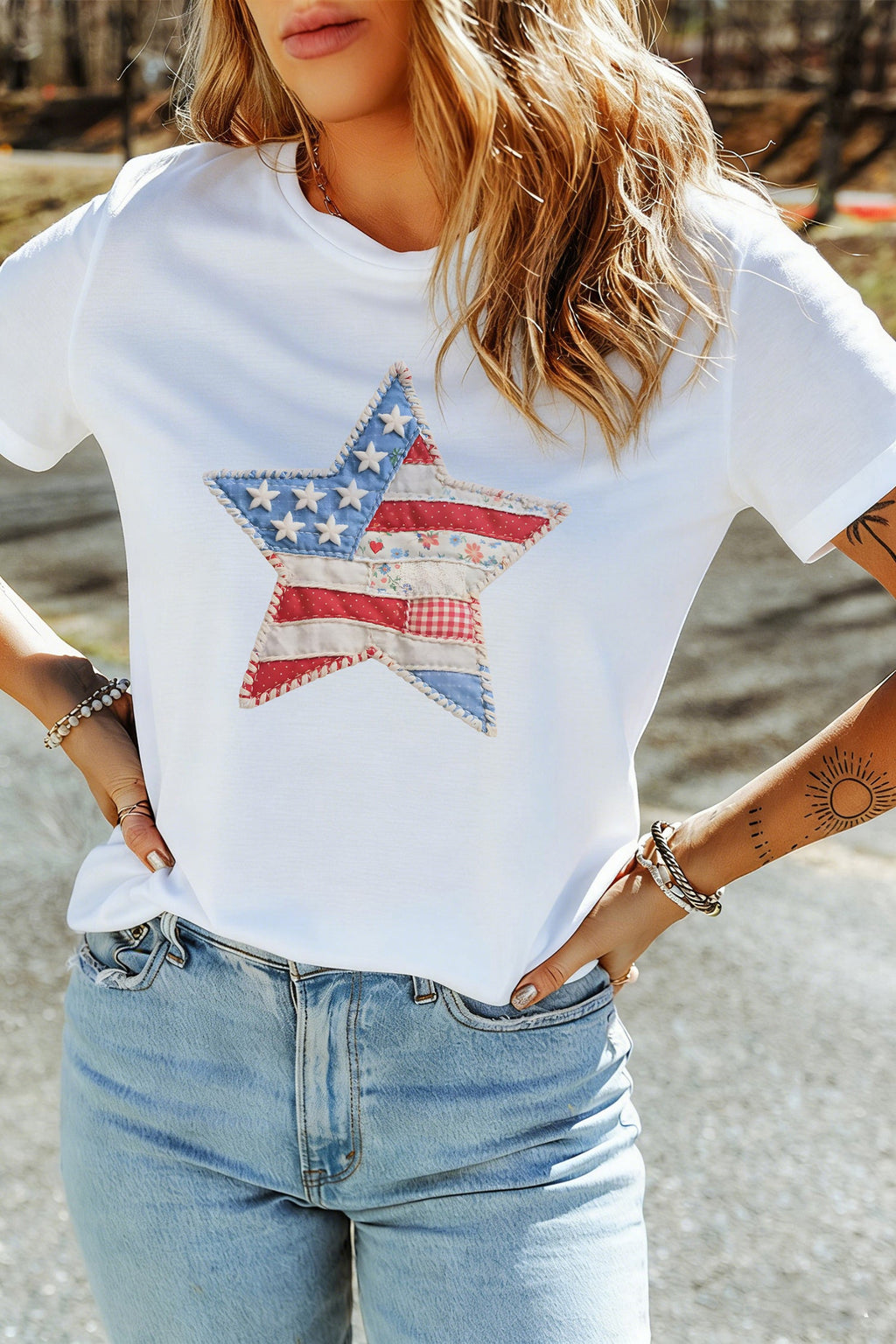White Faux Patchwork Star Printed Patriotic Graphic Tee