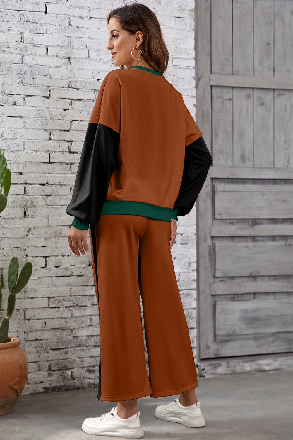 Rose Red 2pcs Color Block Pullover Loose Pant Set