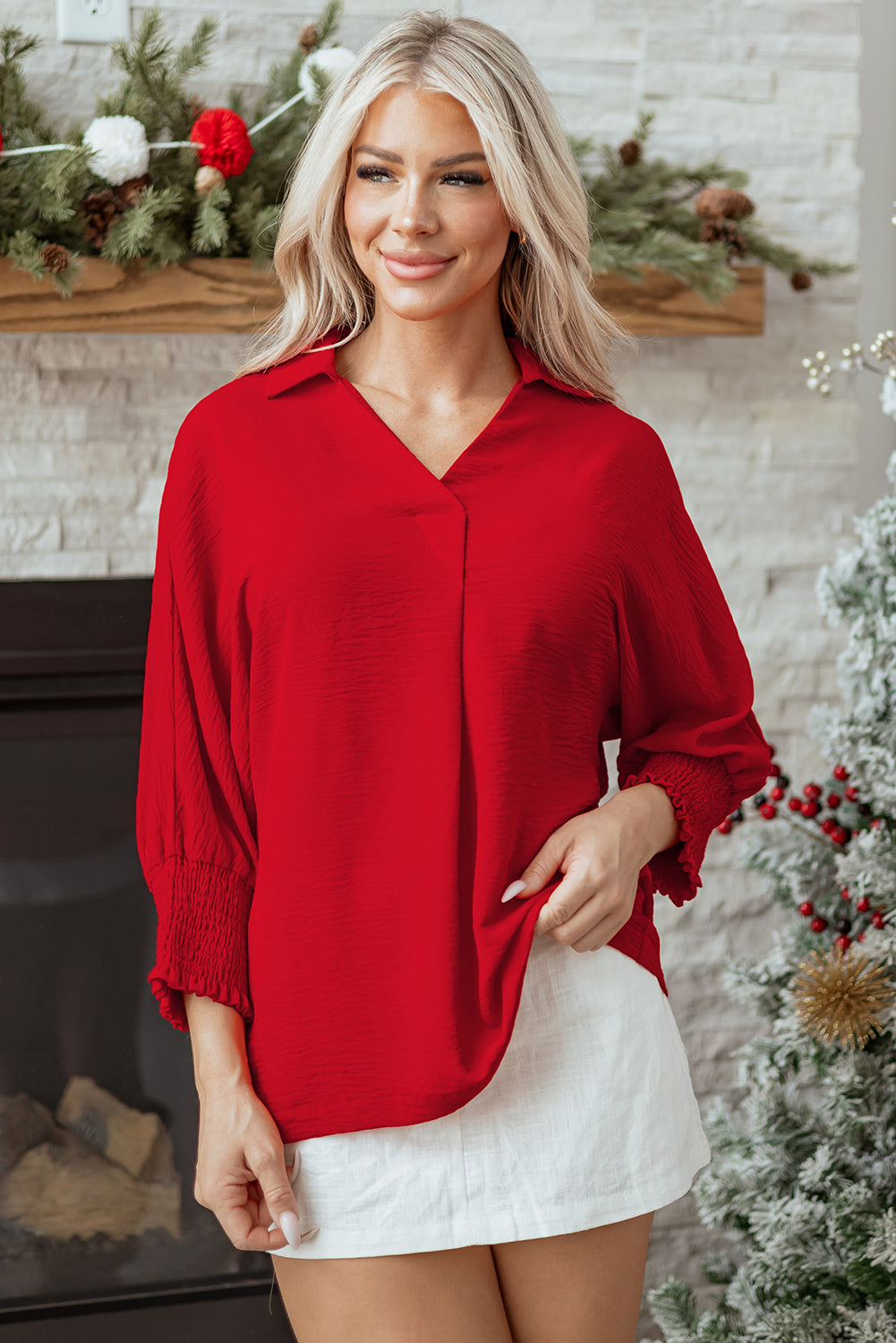 Solid Collared V-Neck Smocked 3/4 Sleeve Top