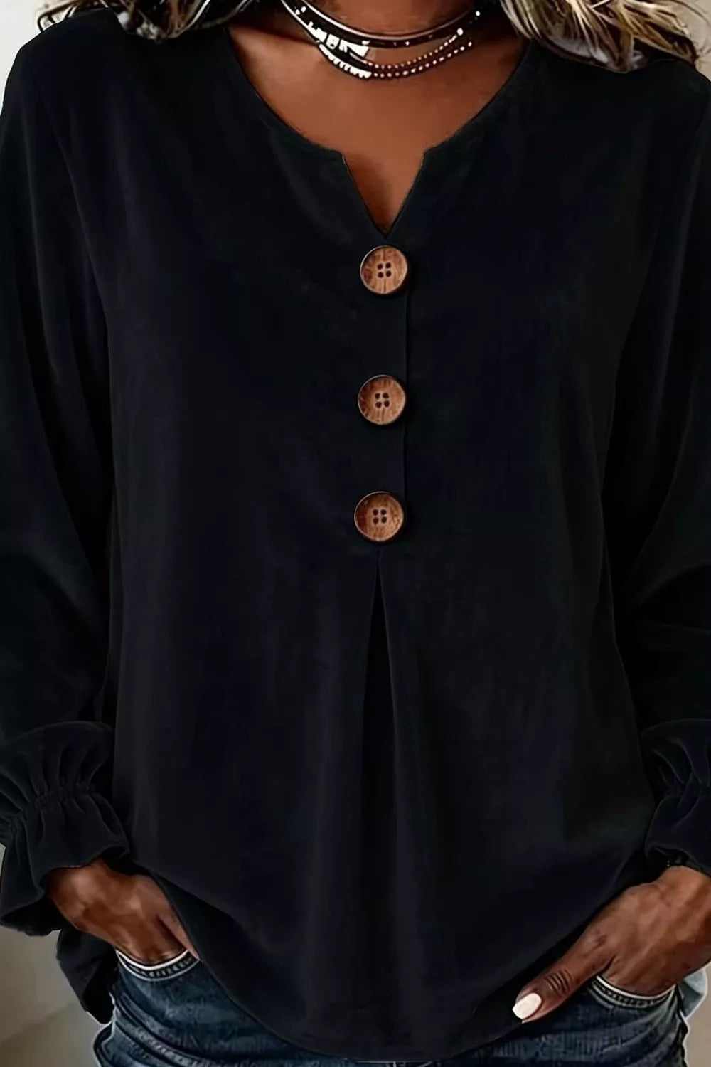 Full Size Velvet Button Decor Blouse with Ruffled Cuffs Plus Size