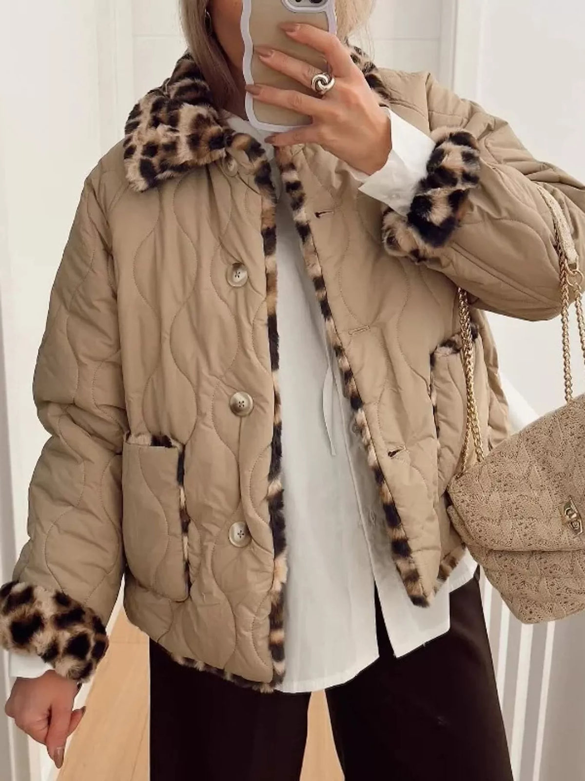 Leopard Faux Fur Trim Quilted Jacket