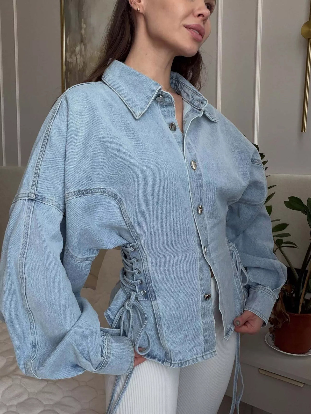Button Down Lace-Up Side Denim Jacket