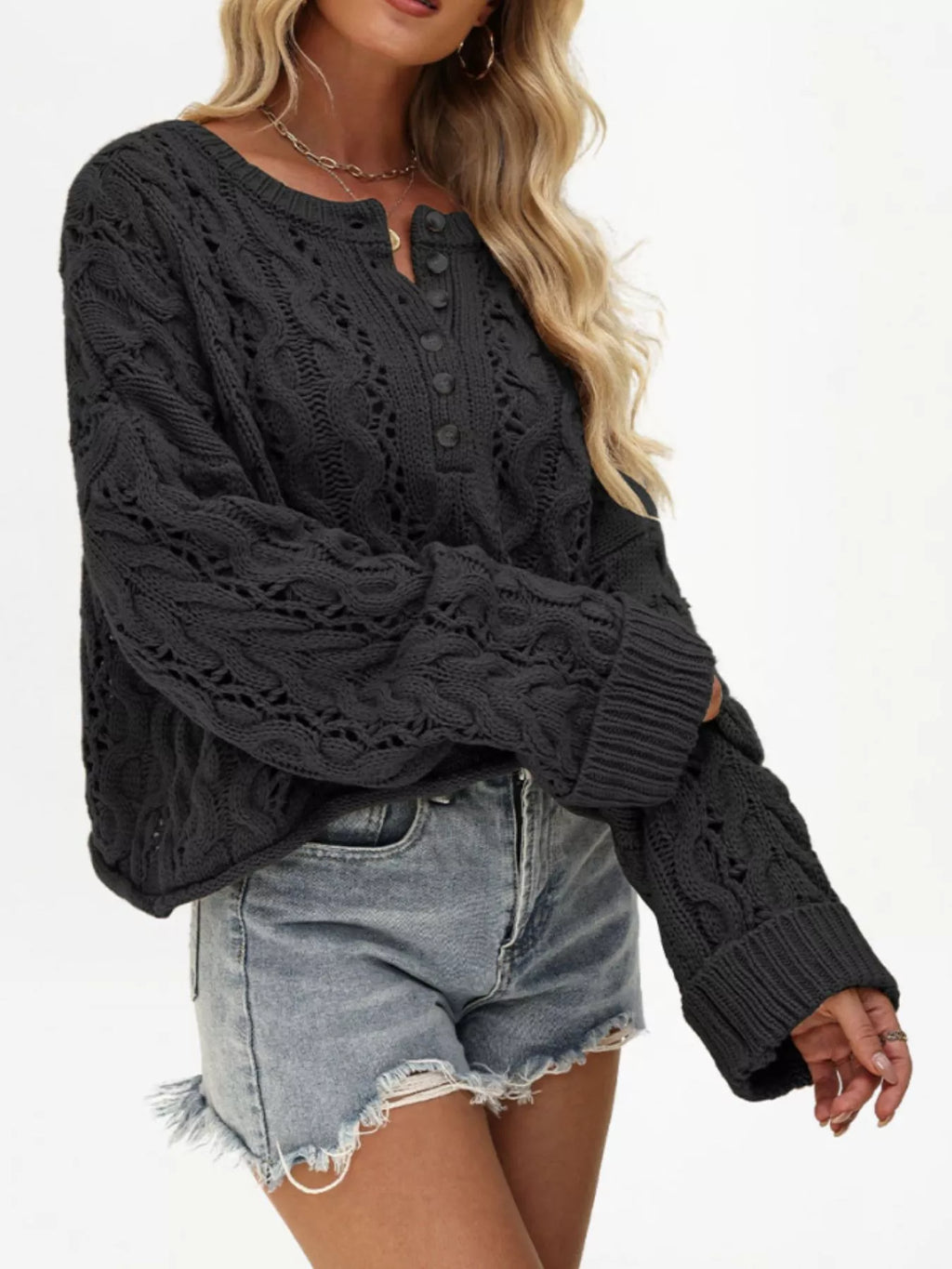 Chic Cable Knit Half-Button Openwork Sweater