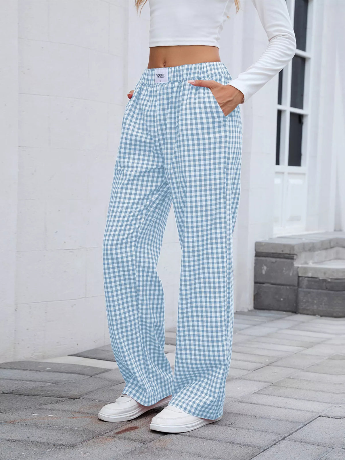 Plaid Wide-Leg Cotton Pants with Side Pockets