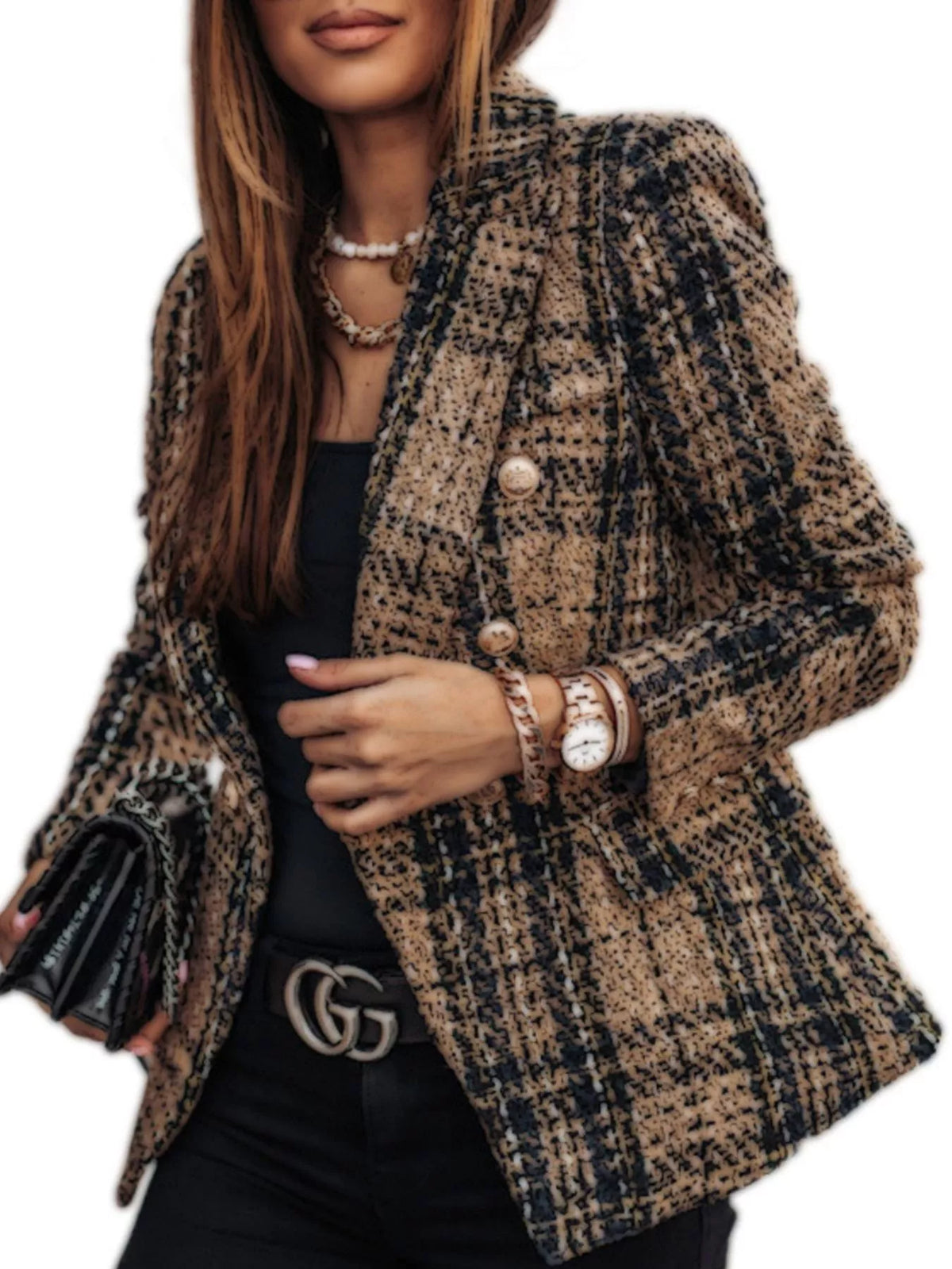 Full Size Plaid Tweed Double-Breasted Blazer Plus Size