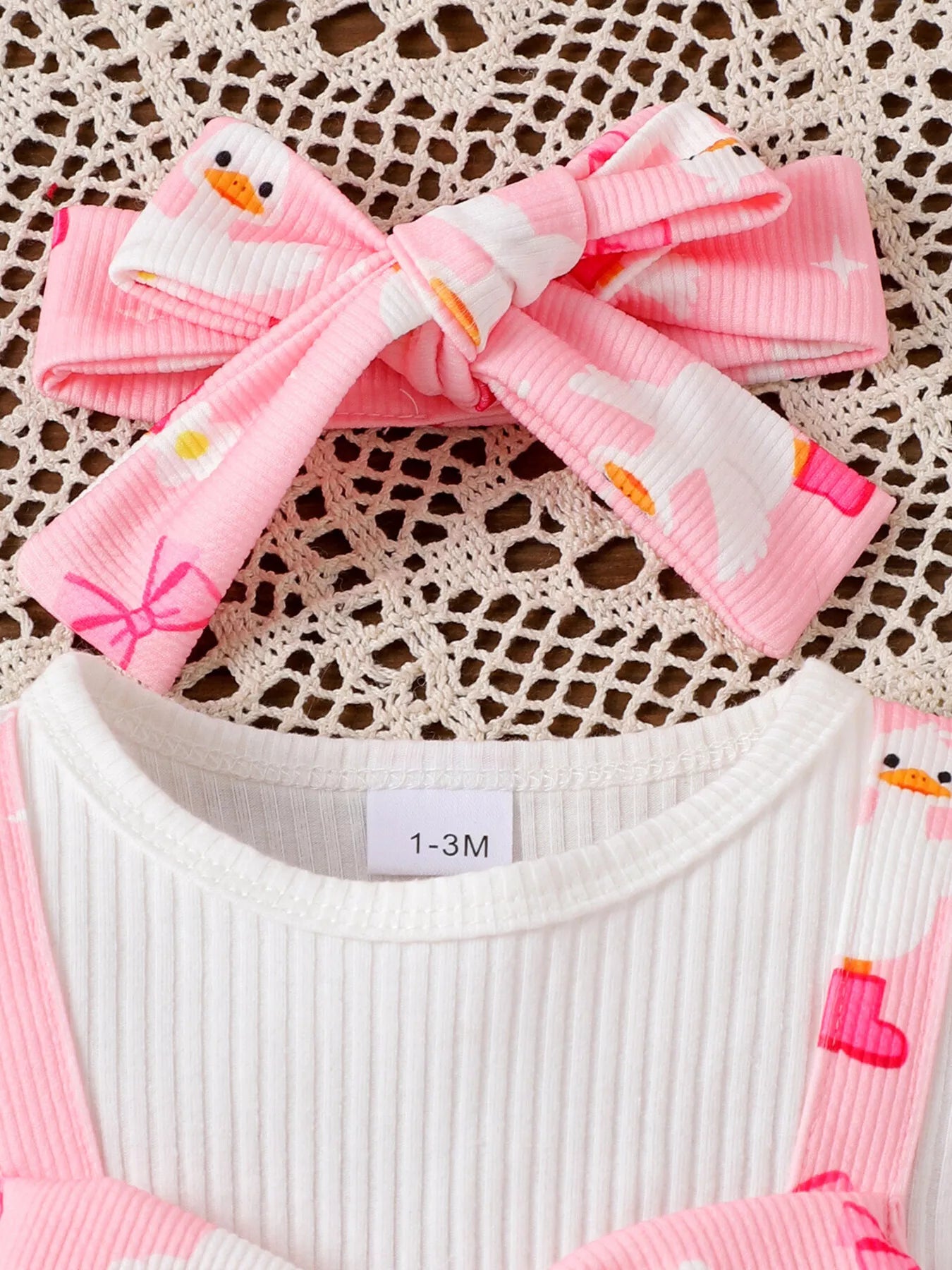 Children's Bow Duck Print Romper with Headband
