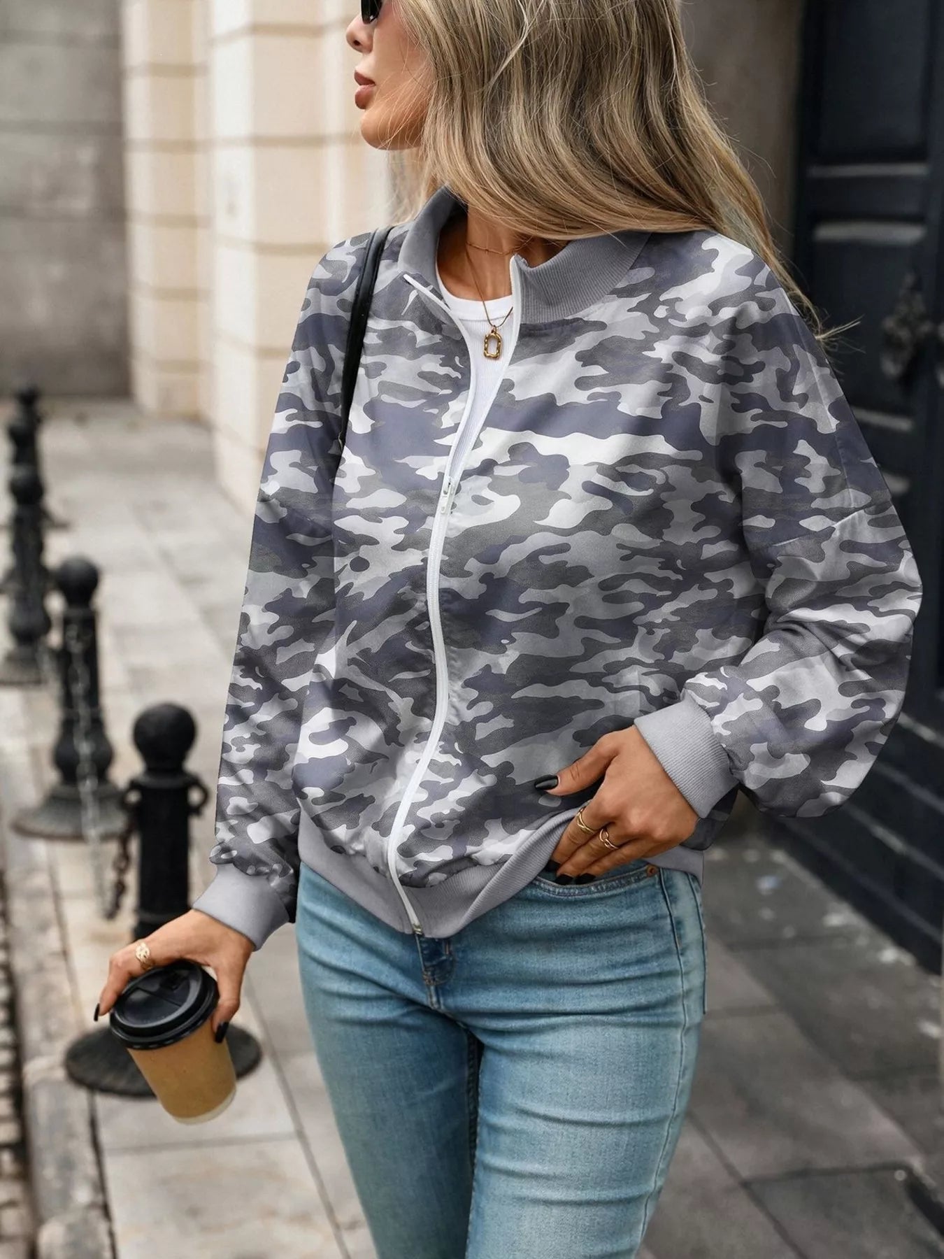 Printed Zip Up Long Sleeve Sweatshirt