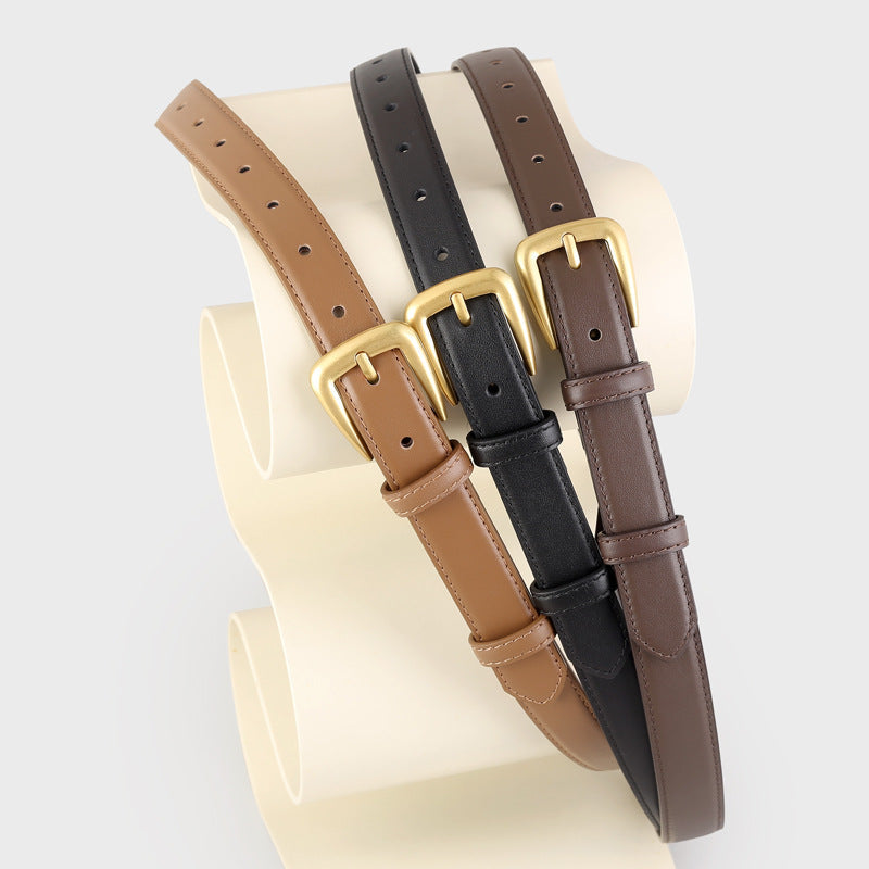 Skinny Leather Belt with Golden Buckle
