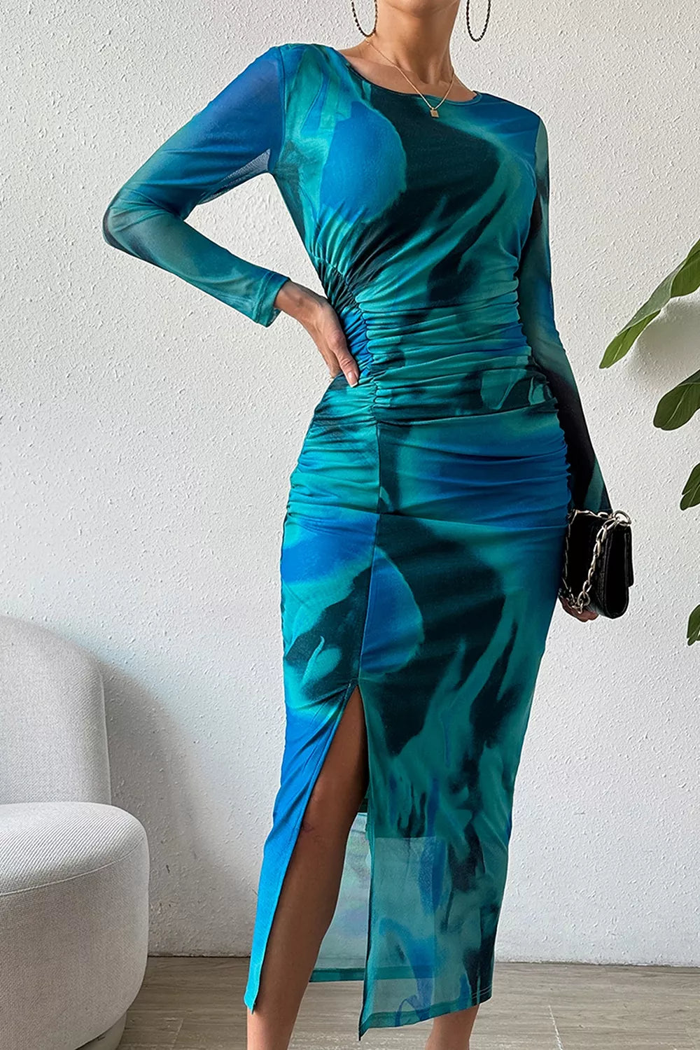 Ruched Tie-Dye Midi Dress with High Slit