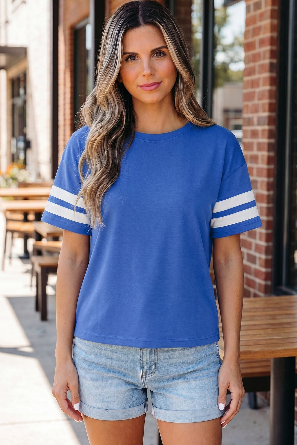 Dark Blue Varsity Striped Short Sleeve Crew Neck T Shirt